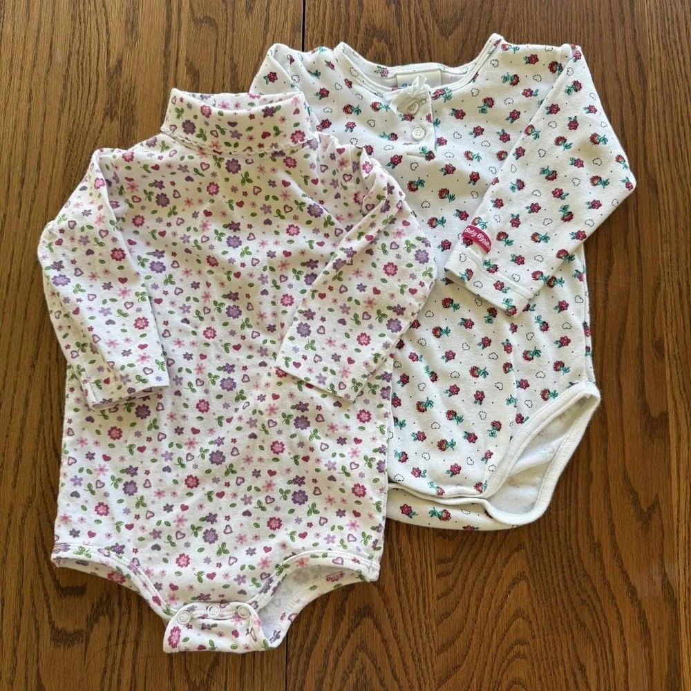Vtg One Piece Body Suit Set Of‎ 2 Baby Girl 12 Months Pink Cotton Oshkosh Floral
